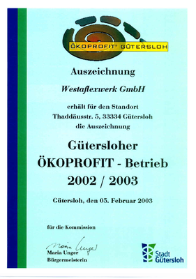 Umwelt-Auszeichnung ÖkoProfit Westaflex Umwelt-Auszeichnung ÖkoProfit Westaflex
